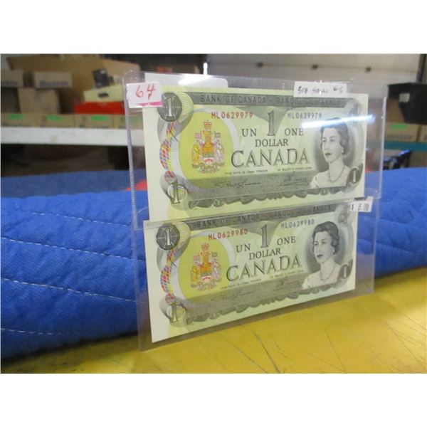 1972 SET OF 2 SEQUENTIAL SERIAL NUMBER LAST OF CANADA $1 BILLS