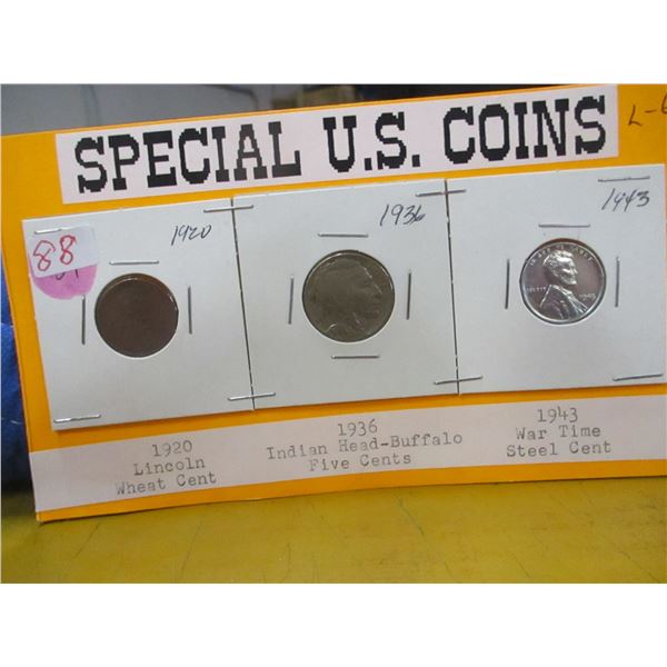 1920 LINCOLN, 1936 BUFFALO HEAD & 1943 LINCOLN USA COIN SET