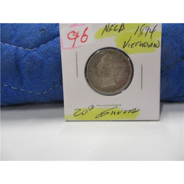 1894 VF/EF NEWFOUNDLAND VICTORIAN SILVER 20 CENT COIN