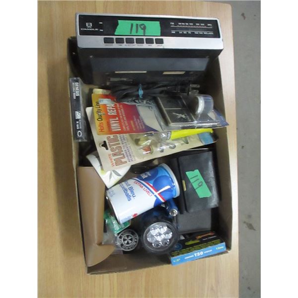 FLAT C/W CLOCK RADIO, LIGHT, WALLETS, ETC