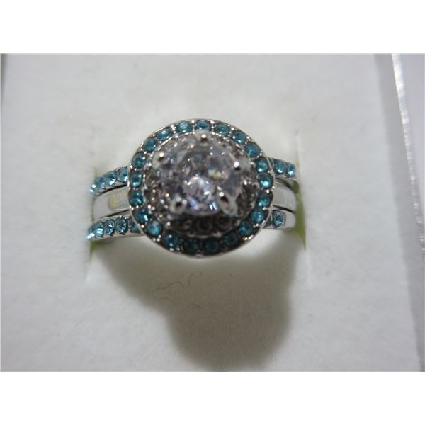 NEW:  SILVER PLATED BLUE GEMSTONE 3 PIECE RING SET (SIZE 7)