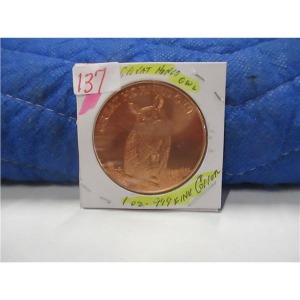 USA GREAT HORNED OWL 1 OZ 999 FINE COPPER