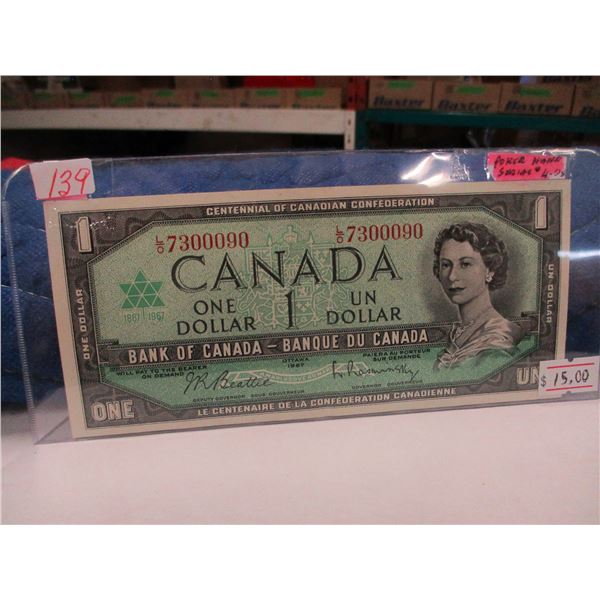 1967 (4-0'S) POKER HAND CENTENNIAL UNCIRCULATED CANADA $1 BILL