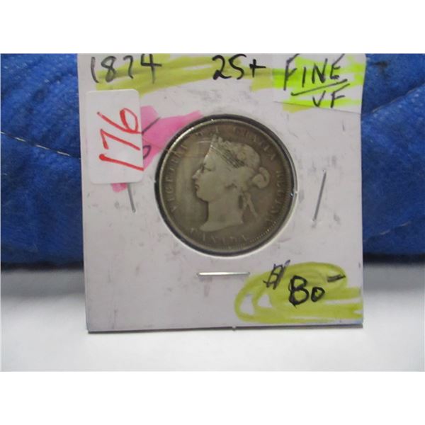 1874H F/VF CANADA VICTORIAN QUARTER