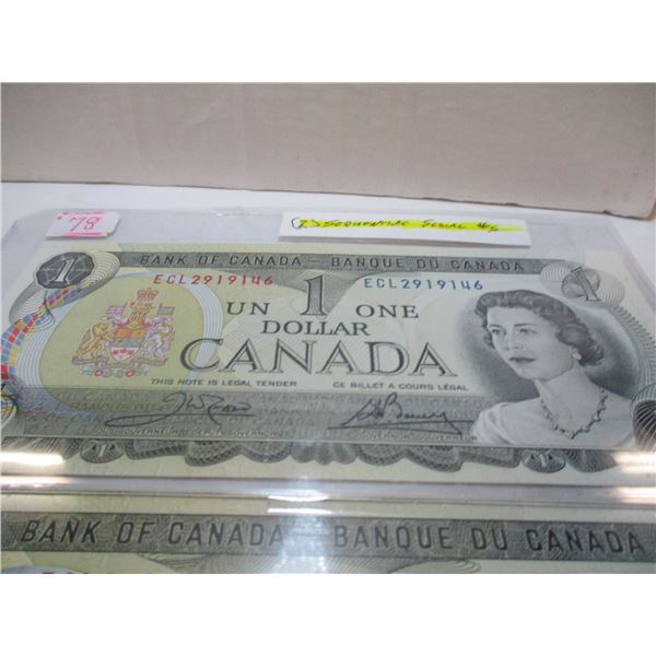 2 - 1973 CRISP UNCIRCULATED SEQUENTIAL SERIAL NUMBER LAST OF CANADA $1 BILLS