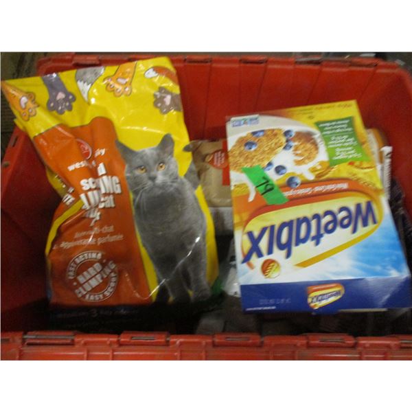 FREIGHT DAMAGE (AS IS):  TOTE C/W CEREAL, PET FOOD, ROLLED OATS, ETC