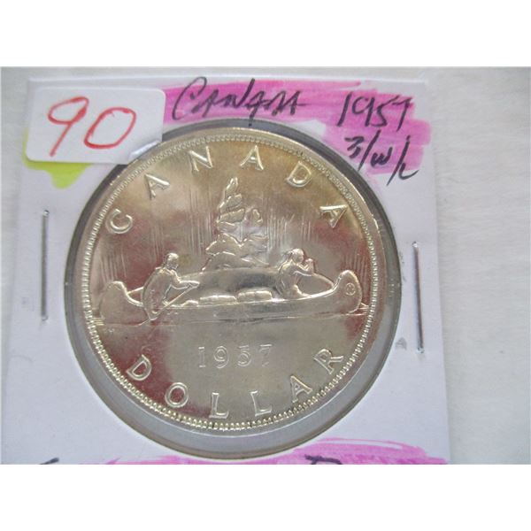 1957 (3 WATERLINE) CANADA SILVER DOLLAR