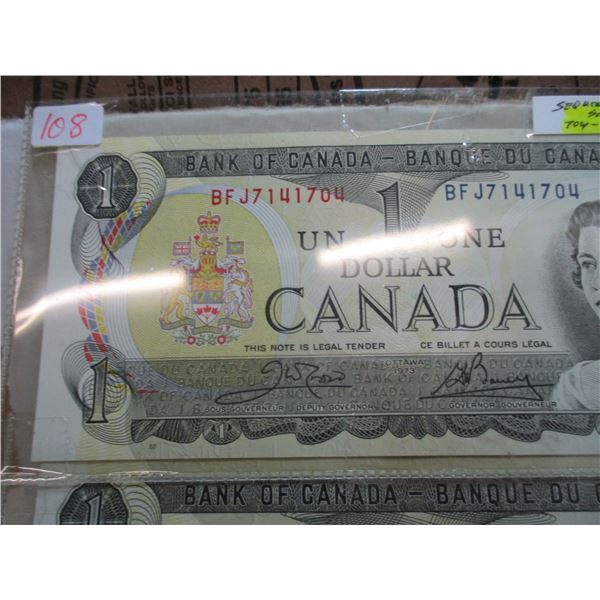 1973 SET OF SEQUENTIAL SERIAL NUMBER LAST OF CANADA $1 BILLS