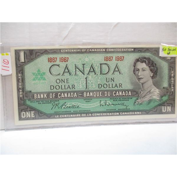 1967 NO SERIAL NUMBER LAST OF CANADA CENTENNIAL $1 BILL