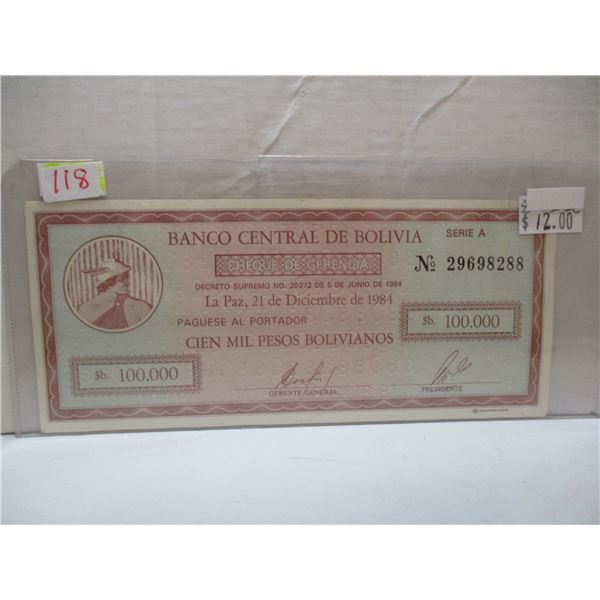 1984 BANQ OF BOLIVIA $100,000 DOLLAR BILL