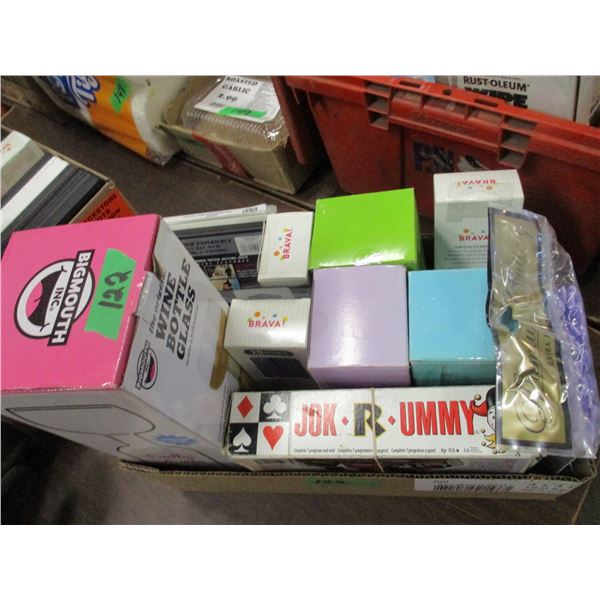 BOX C/W PLASTIC CUTLERY, GAMES, WINE BOTTLE GLASS, ETC