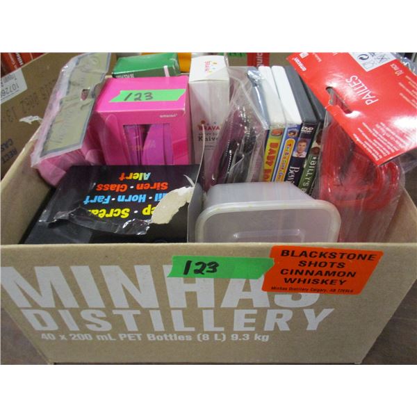 BOX C/W DVD'S, PLASTIC CUTLERY, MISC