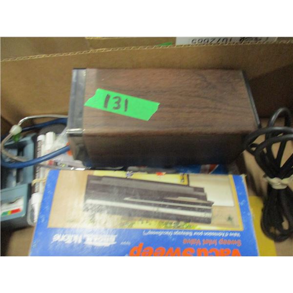 BOX C/W RADIO, PENCIL SHARPENER, MISC