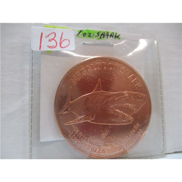 999 FINE 1 OZ COPPER SHARK COIN