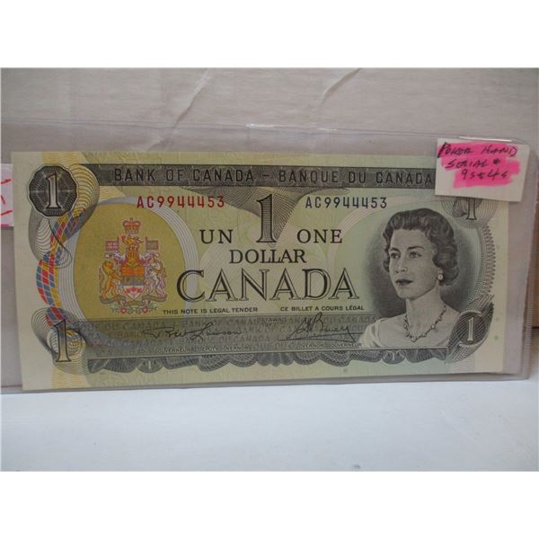 1973 POKER HAND SERIAL NUMBER (9'S & 4'S) LAST OF CANADA $1 BILL