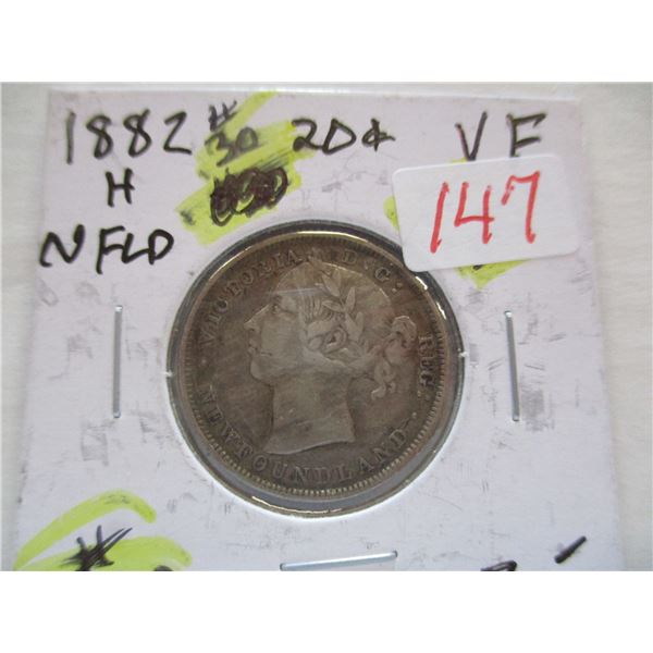 1882H VF SCARCE NEWFOUNDLAND SILVER 20 CENT COIN