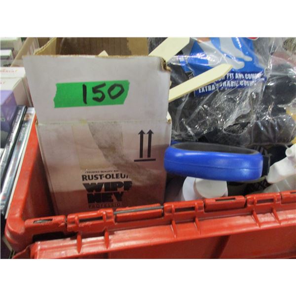 FREIGHT DAMAGE (AS IS):  TOTE C/W CLEANING SUPPLIES, SOCKS, FLOOR ENAMEL, ETC