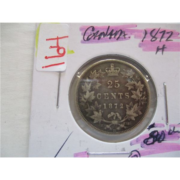 1872H FINE CANADA VICTORIAN SILVER QUARTER