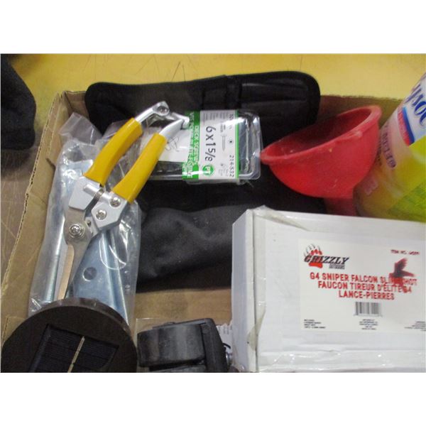 FREIGHT DAMAGE (AS IS):  FLAT C/W LYSOL WIPES, ASSORTED TOOLS, HARDWARE