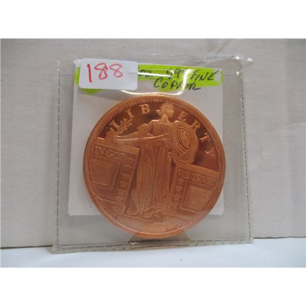 999 FINE 1 OZ COPPER STANDING LIBERTY COIN
