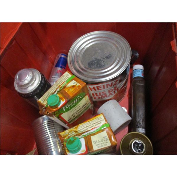 FREIGHT DAMAGE (AS IS):  RED BIN C/W ASSORTED GROCERIES (TOMATO JUICE, BROTH, ETC)