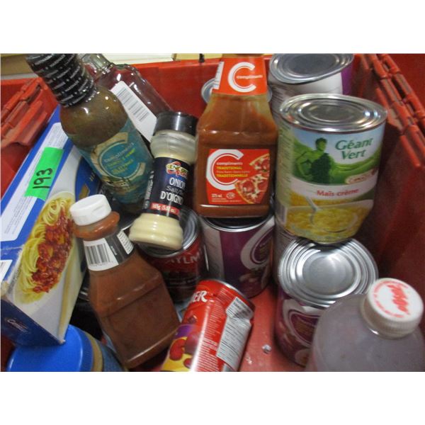FREIGHT DAMAGE (AS IS):  RED BIN C/W ASSORTED GROCERIES  (PASTA, CORN, ONION POWDER, ETC)