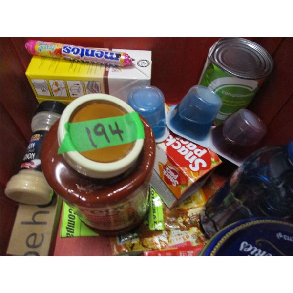 FREIGHT DAMAGE (AS IS):  RED BIN C/W ASSORTED GROCERIES (PASTA SAUCE, TEA, COOKIES, ETC)