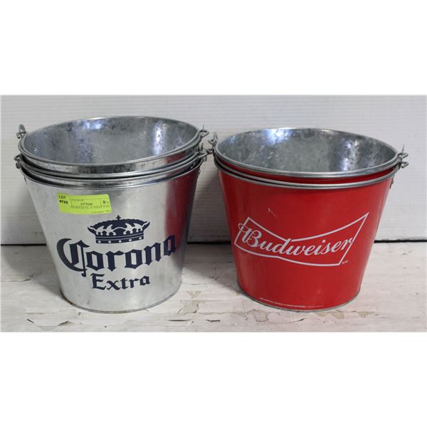 5X BEER BUCKETS, 3L STEEL PAILS