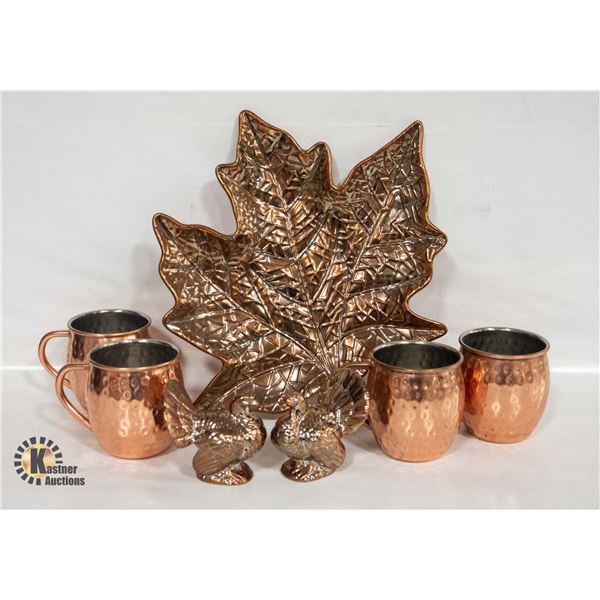 ESTATE COPPER MUGS, S& P SHAKERS & PLATTER ALL