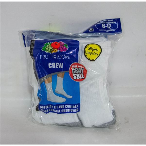 WHITE CREW SOCKS 6-12 SIZE 6-PACK FRUIT OF LOOM