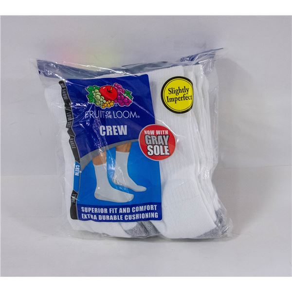 WHITE CREW SOCKS 6-12 SIZE 6-PACK FRUIT OF LOOM