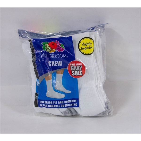 WHITE CREW SOCKS 6-12 SIZE 6-PACK FRUIT OF LOOM