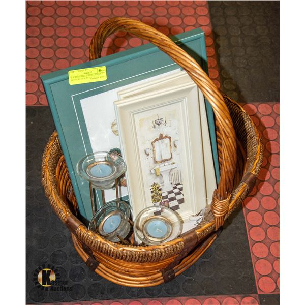 WICKER BASKET WITH 3 CANDLE HOLDERS NEW, PETIT