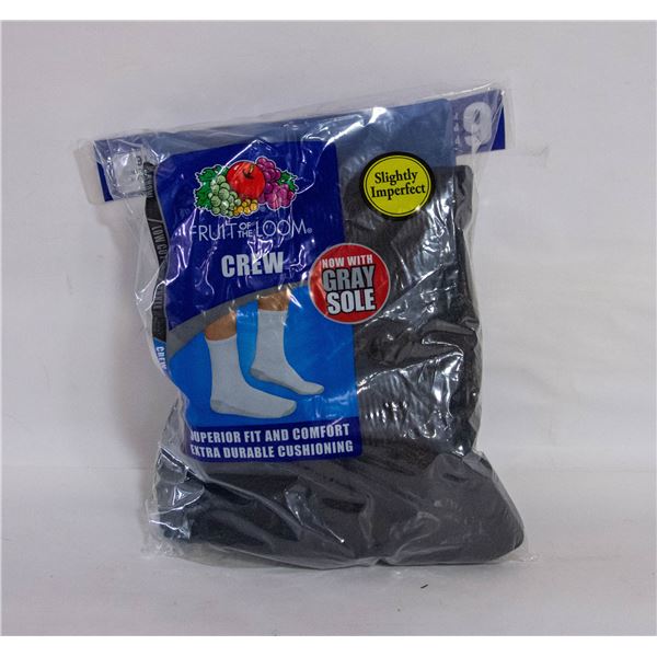 BLACK CREW SOCKS 12-16 SIZE 6-PACK FRUIT OF LOOM