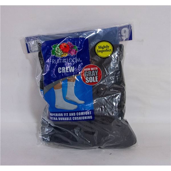 BLACK CREW SOCKS 12-16 SIZE 6-PACK FRUIT OF LOOM