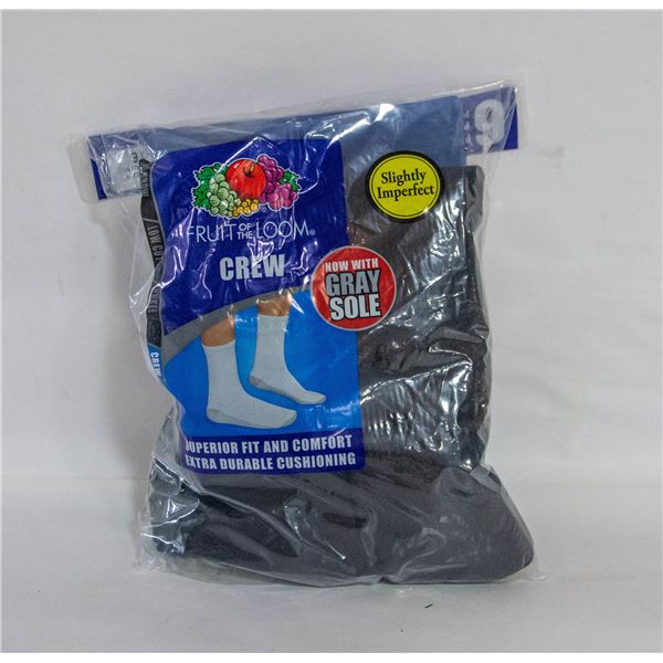BLACK CREW SOCKS 12-16 SIZE 6-PACK FRUIT OF LOOM