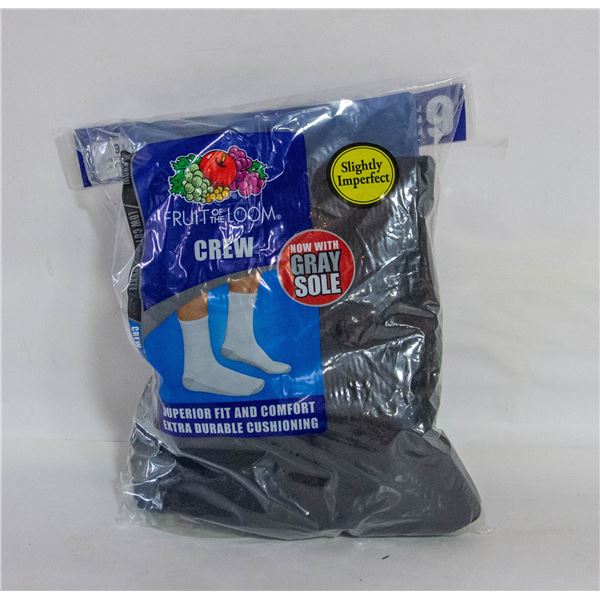 BLACK CREW SOCKS 12-16 SIZE 6-PACK FRUIT OF LOOM