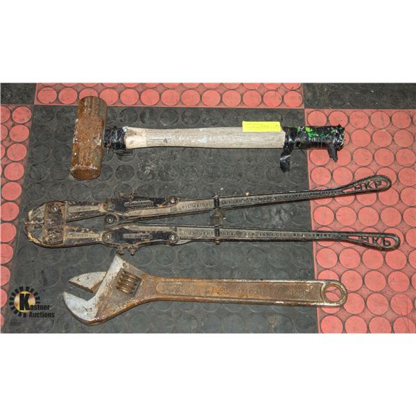 LOT OF TOOLS INCL SLEDGEHAMMER, STEEL CUTTERS