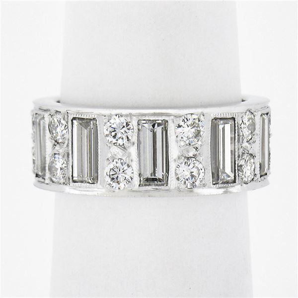 Platinum 4 ctw Straight Baguette & Round High Quality Diamond Eternity Band Ring