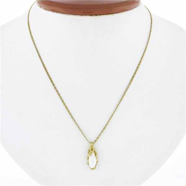 Vintage 14k Gold Baroque White Pearl Nugget Texture Cage Pendant w/ 18" Chain