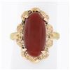 Image 1 : Vintage 18K Rosy Yellow Gold Oval Cabochon Cut Red Coral Textured Cocktail Ring
