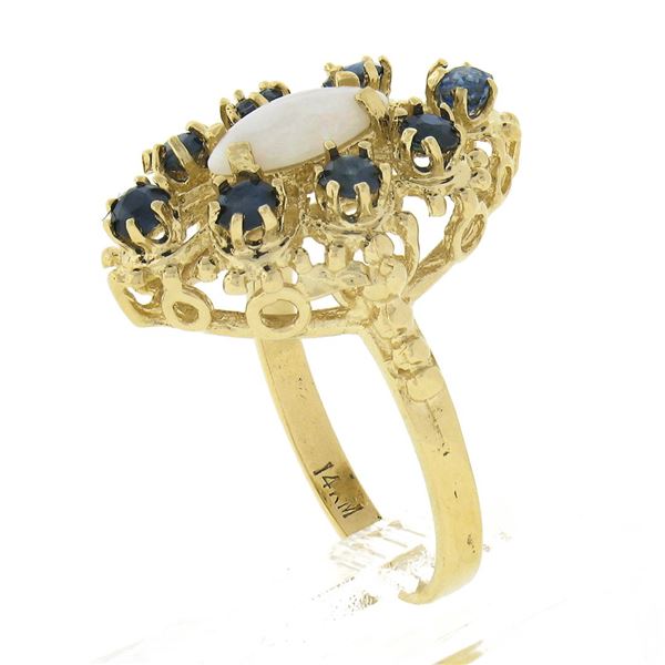 Vintage 14k Gold Marquise Cabochon Opal & .40 ctw Sapphire Open Textured Work Ri