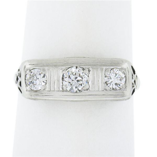 Antique Edwardian Platinum & 14K Gold 0.35 ctw Diamond Filigree 3 Stone Band Rin