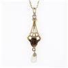 Image 2 : Antique Victorian 10k Gold Garnet Pearl Dangle Lavalier Pendant On New 14k Chain