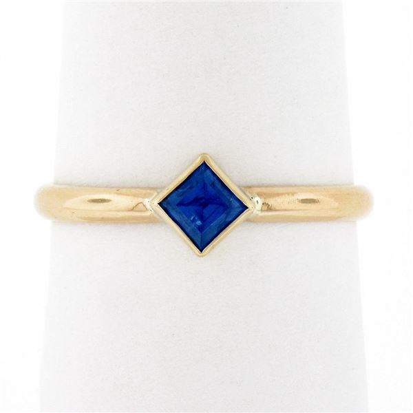 Simple Petite 14k Gold 0.32 ctw Square Step Cut Bezel Set Sapphire Solitaire Rin