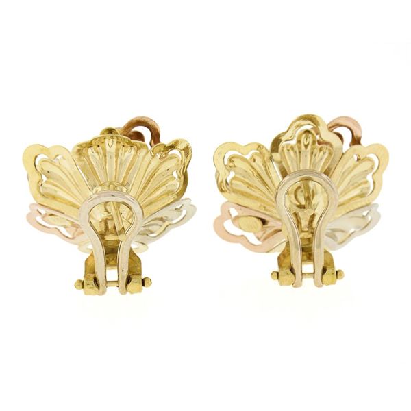 Italian 18k Tricolor Gold 3D Textured Open Work Flower Omega Statement Earrings