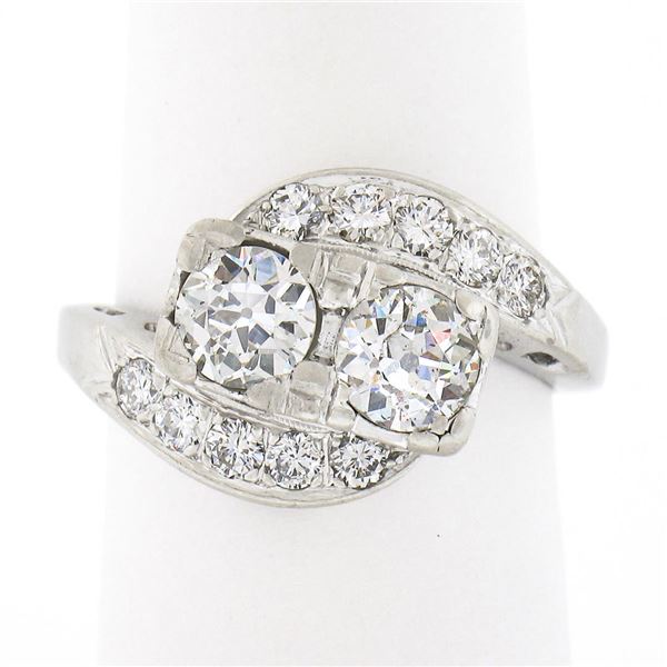 Vintage Platinum 1.66 ctw Old European Cut Dual Diamond Bypass Ring w/ Accents