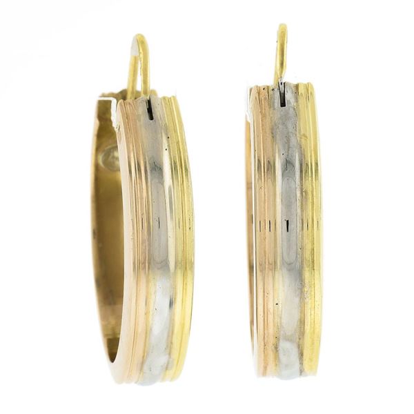 Classic Solid 18K Tri Color Gold 26.1mm Polished Grooved Oval Hoop Drop Earrings