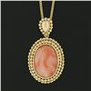 Image 5 : Vintage 14k Gold Oval Cabochon Coral Open Beaded Frame Pendant w/ Chain Necklace