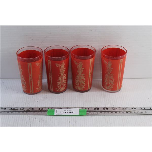 (4) Asian Themed Glass Cups